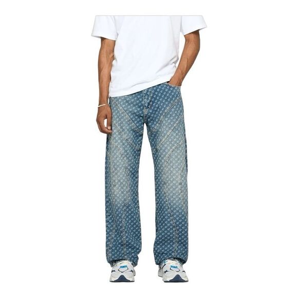 EIGHTYFIVE Mens Dividing Seams Blue Monogram Loose Jeans Streetwear Size 36 - Picture 1 of 13